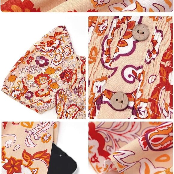 Womens Summer Boho Floral Maxi Dress V Neck Puff Short Sleeve Flowy - Picture 6 of 6